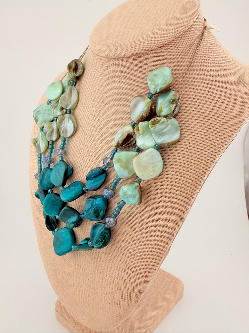 Teal & Seafoam Green 3-Strand Mother of Pearl Shell Necklace - Picture 3 of 7